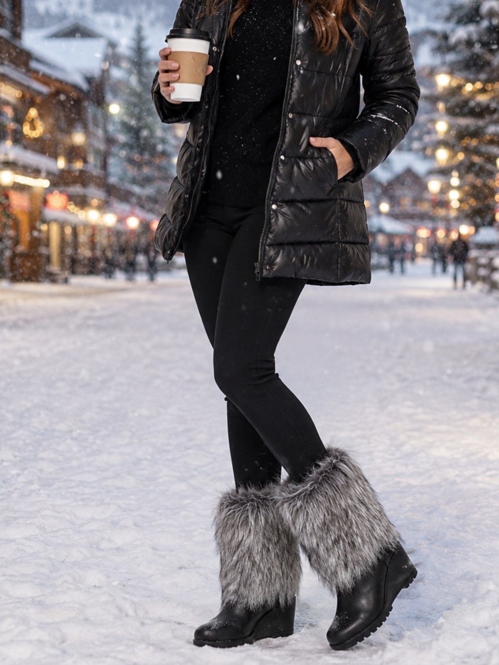 Sorel Park City Faux Fur Winter Snow Boots Black Gray Mountain Chic Waterproof 9